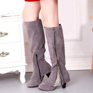 Women's Fashion Chunky Heeled Knee High Boots Faux Suede Lace size 10